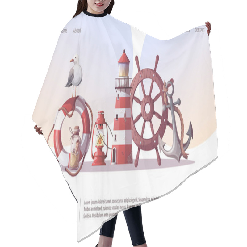 Personality  Ship's Steering Wheel, Anchor, Lifebuoy, Sand Bottle, Seagull, Lighthouse. Maritime, Sea Coast, Marine Life, Nautical Concept. Vector Illustration. Website, Banner Template. Hair Cutting Cape