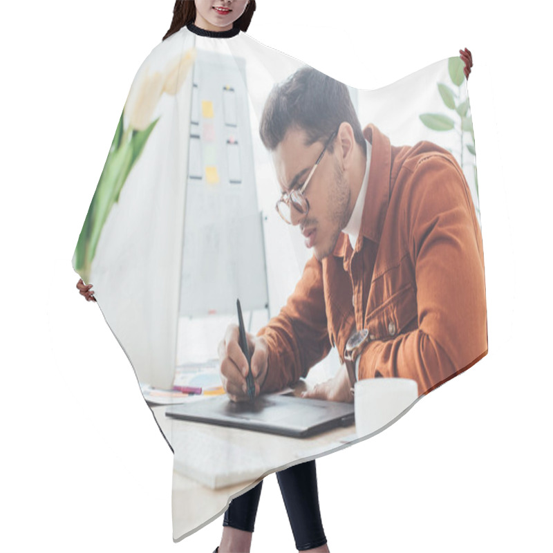 Personality  Side View Of Ux Designer Working With Computer And Graphics Tablet At Table In Office  Hair Cutting Cape