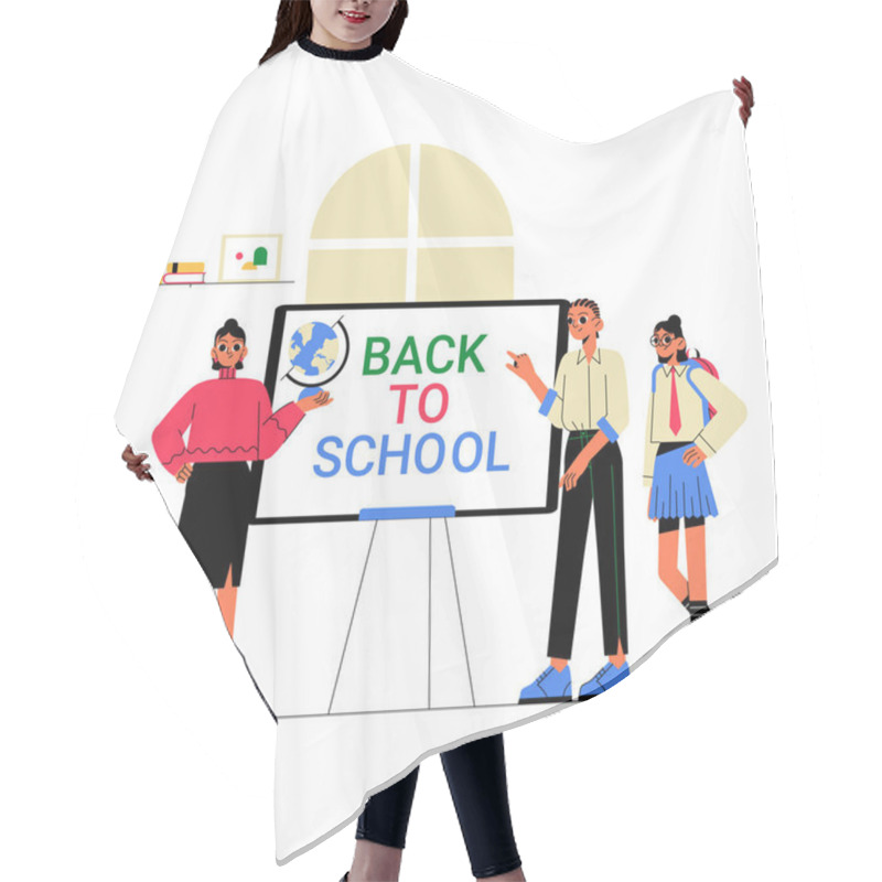 Personality  Female Teacher Presenting A Back To School Message On A Board While Two Students Stand Beside, Symbolizing Education, Classroom Learning, And Academic Preparation. Hair Cutting Cape