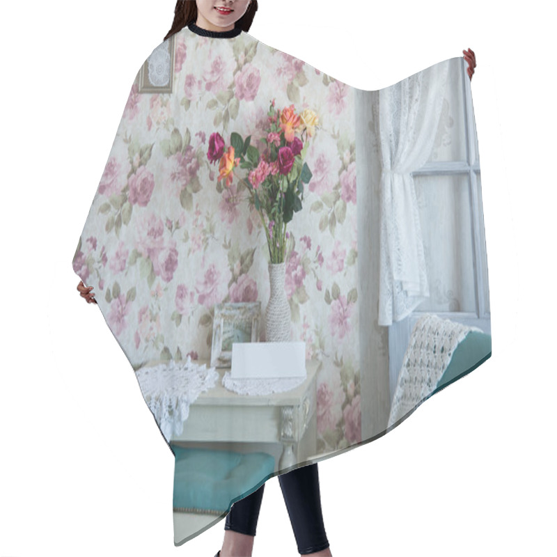 Personality  Interior Room With Chairs, Pillows, Door And Flowers Hair Cutting Cape