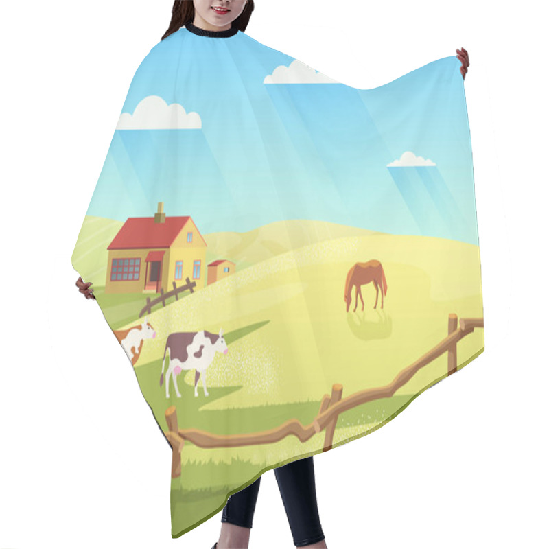 Personality  Village Dairy Farm With Cows, Rural Ranch Countryside Summer Landscape And Farmhouse Hair Cutting Cape