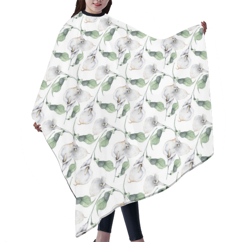 Personality  Seamless Pattern With White Calla Lily Flowers And Green Leaves. Hair Cutting Cape