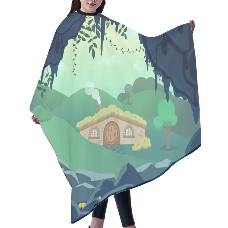 Personality  Fantasy Landscape With Gnome House Between The Forest Hills And Gold Dark Cave , Vector Hand Draw Illustration Hair Cutting Cape