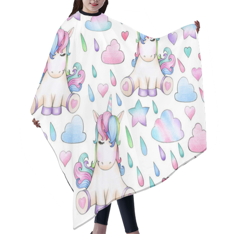 Personality   Cute, Magic Unicorn  Seamless Pattern,   Isolated On White. Hair Cutting Cape