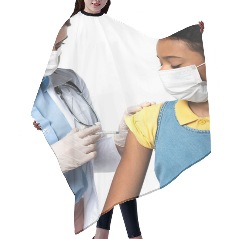 Personality  Doctor Doing Injection With Vaccine To African American Kid In Medical Mask Isolated On White  Hair Cutting Cape