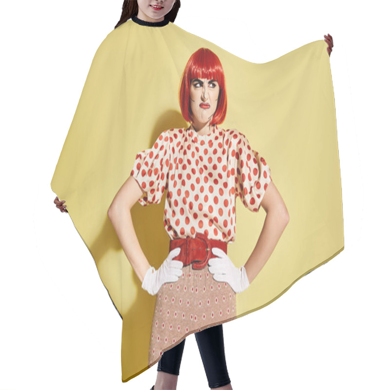 Personality  Vibrant Red-haired Woman With Pop Art Makeup Donning A Polka Dot Blouse On A Bold Yellow Backdrop. Hair Cutting Cape