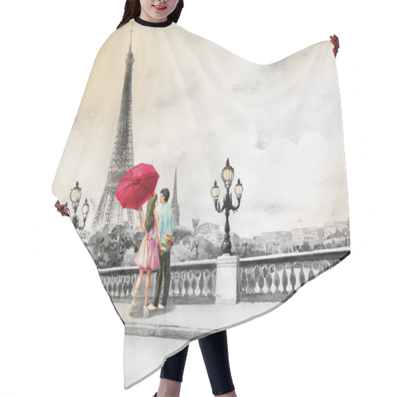 Personality  Paris European City Landscape. France, Eiffel Tower And Couple Young, Man And Woman Red Umbrella On The Street View, Black And White Background. Watercolor Painting Illustration,tour Travel Holiday. Hair Cutting Cape