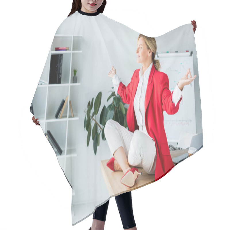 Personality  Attractive Businesswoman Meditating In Lotus Pose On Table In Office Hair Cutting Cape