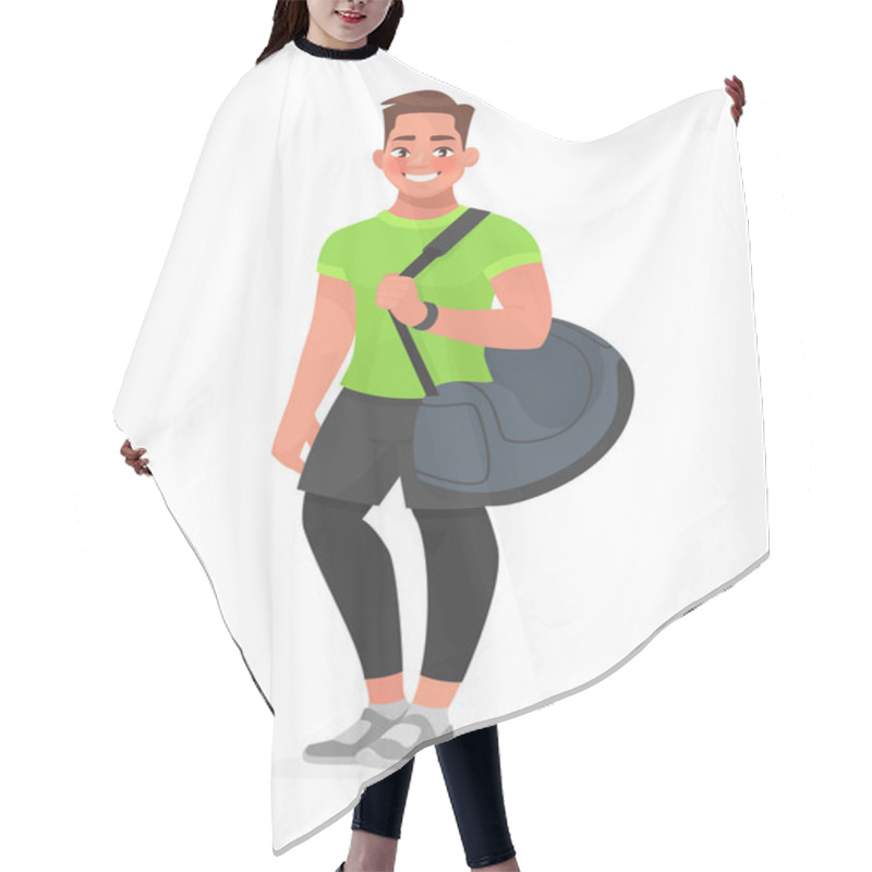 Personality  Fitness Guy With A Sports Bag On A White Background. Trainer Or  Hair Cutting Cape