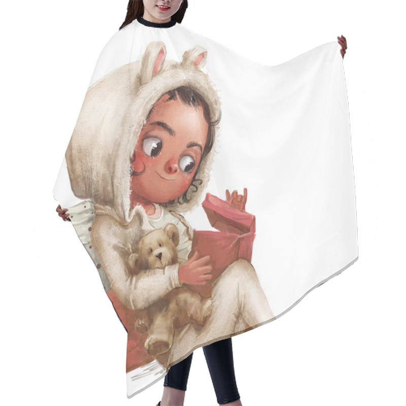 Personality  Cute Little Cartoon Girl With Teddy Bear And Present Box Hair Cutting Cape