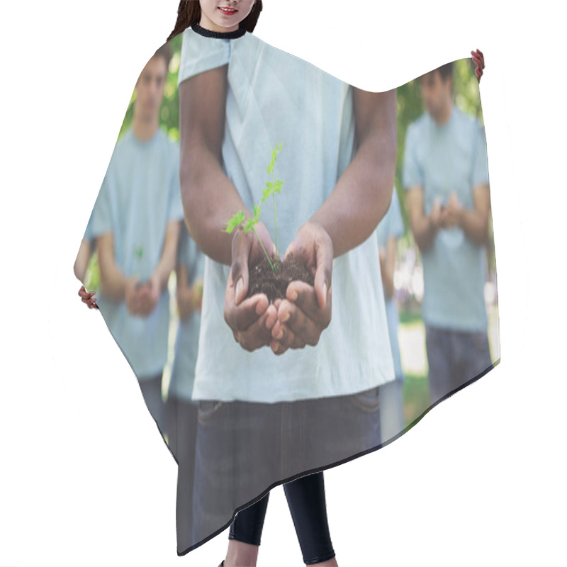 Personality  African-american Man Hands Holding Plant In Soil Hair Cutting Cape