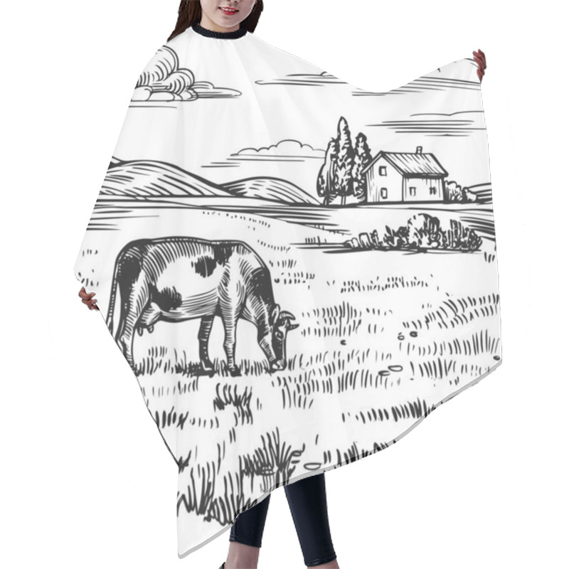 Personality  Countryside Landscape, Rural Farm View With A Cow On The Meadow, Old Country House, Field And Hills. Hand Drawn Black And White Sketch, Vintage Etching Stock Vector Illustration. Hair Cutting Cape