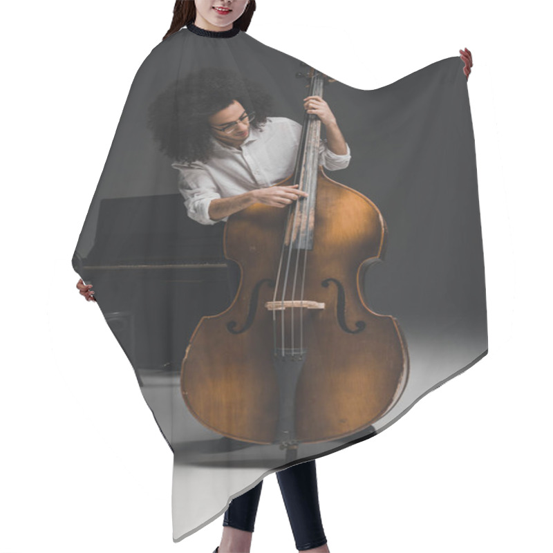 Personality  Handsome Young Musician Playing Standup Bass Hair Cutting Cape