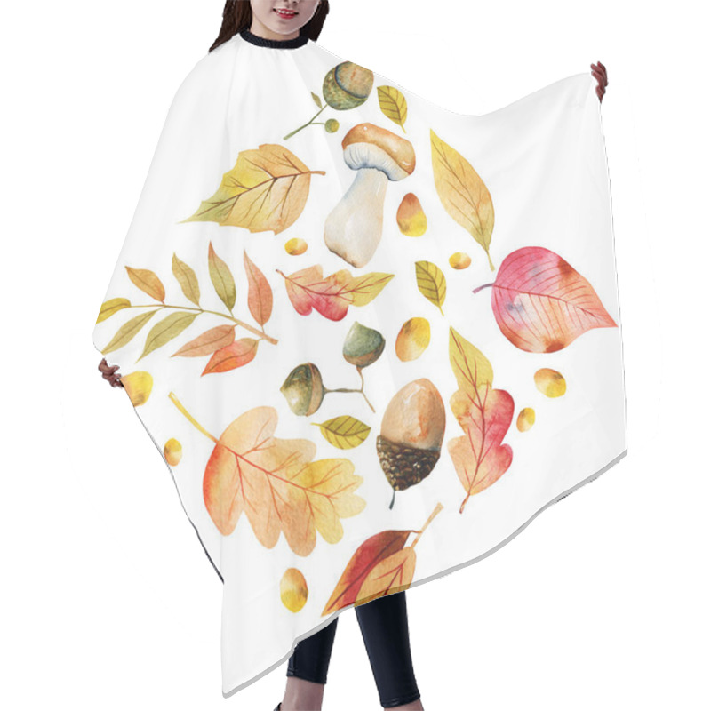 Personality  Watercolor Floral Rhombus Composition Of Autumn Elements: Tree Leaves, Acorns, Mashrooms And Other Plants, Isolated Illustration On White Background Hair Cutting Cape