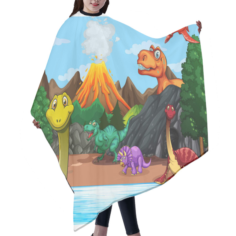 Personality  Prehistoric Forest Scene With Various Dinosaurs Illustration Hair Cutting Cape