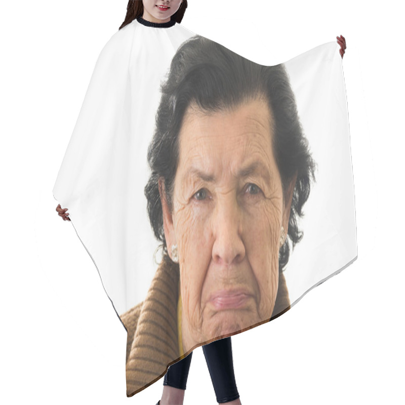 Personality  Portrait Of Old Cranky Woman Grandmother Hair Cutting Cape