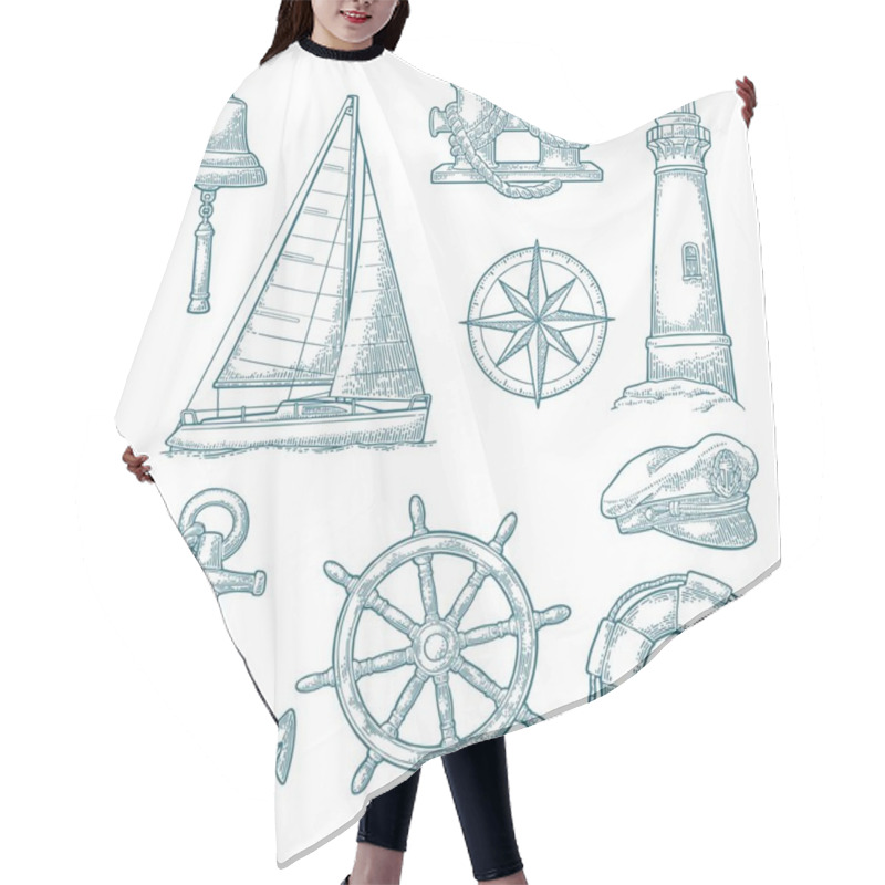 Personality  Anchor, Wheel, Sailing Ship, Compass Rose, Lighthouse Engraving Hair Cutting Cape