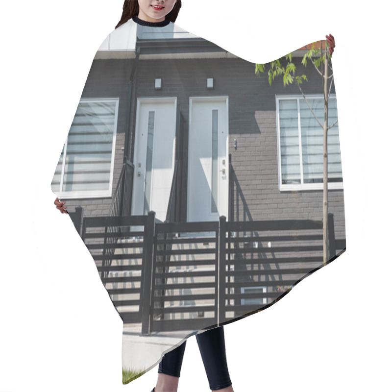 Personality  Modern Condo Entrance. Typical Facade Of A Modern Town Suburban House In Neighborhood Of British Columbia. Front Door And Porch Of A Town House. Street Photo, Nobody Hair Cutting Cape