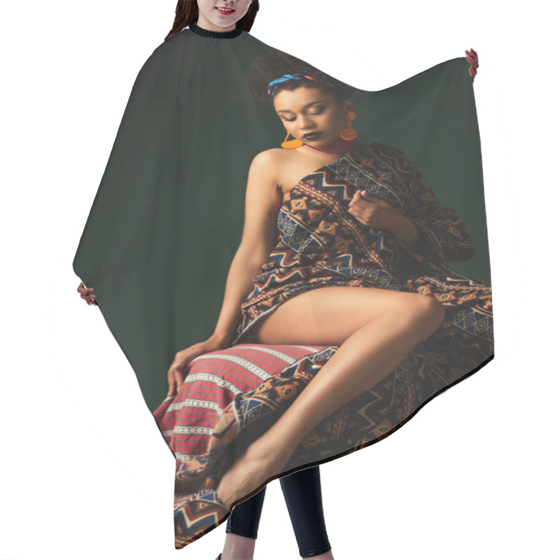 Personality  African American Woman With Headscarf Sitting Wrapped In Ornament Blanket On Dark Green Background Hair Cutting Cape