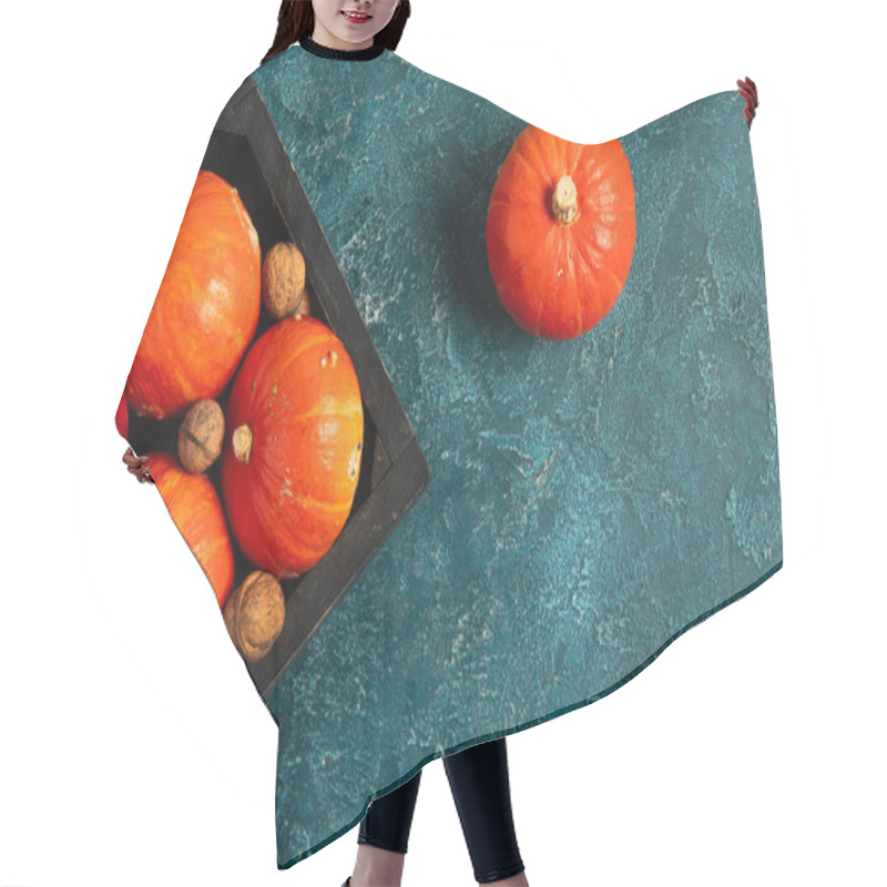 Personality  Black Tray With Orange Pumpkins And Red Apples With Walnuts On Blue Textured Surface, Thanksgiving Hair Cutting Cape