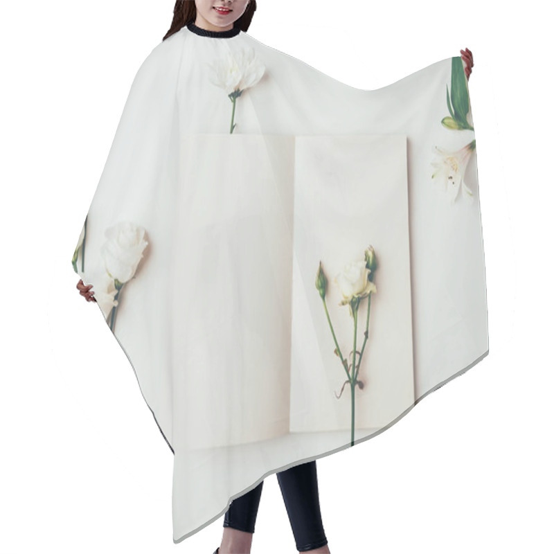 Personality  Top View Of Fresh Tender White Blooming Flowers And Blank Card On Grey  Hair Cutting Cape