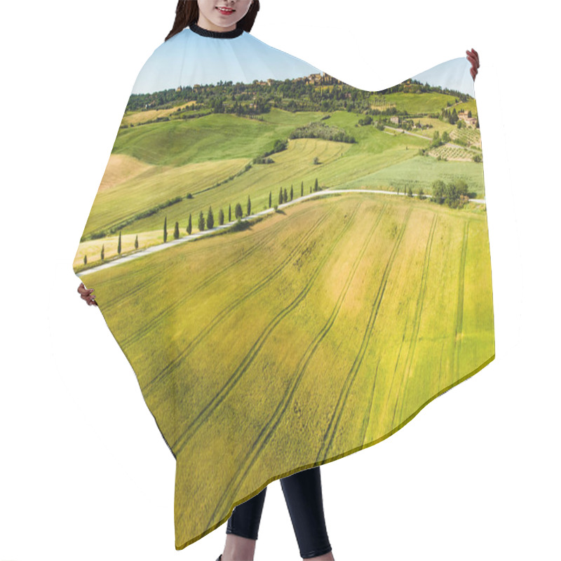 Personality  Stunning Aerial View Of Yellow Fields And Farmlands With Small Villages On The Horizon. Summer Rural Landscape Of Rolling Hills, Curved Roads And Cypresses Of Tuscany, Italy. Hair Cutting Cape