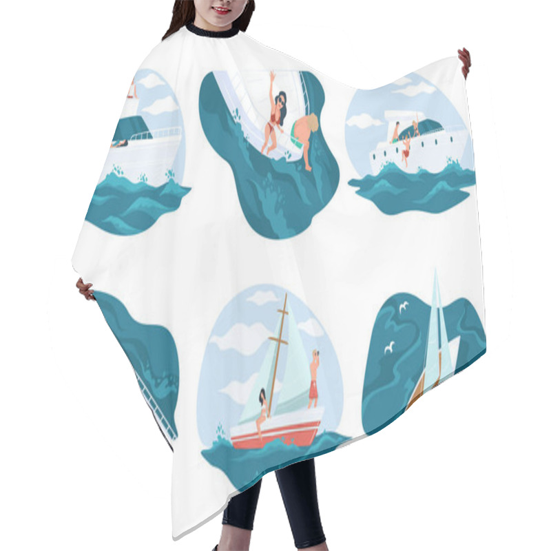 Personality  People Relaxing On Yacht Boat In Summer Holidays Or Vacations. Character On Cruise With Friends. Marine Adventure Of Personages Leading Luxurious Lifestyle. Tourists Sea Walk. Vector In Flat Style Hair Cutting Cape