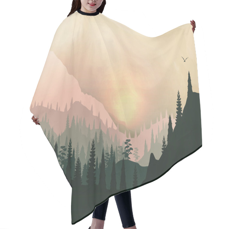 Personality  Sunset Panorama Of Mountain Ridges And Pine Forest - Vector Illustration Hair Cutting Cape