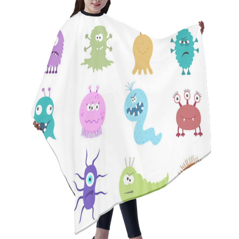 Personality  Funny And Scary Bacteria Cartoon Characters Isolated On White. Hair Cutting Cape