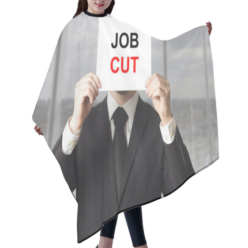 Personality  Businessman Hiding Face Behind Sign Job Cut Hair Cutting Cape