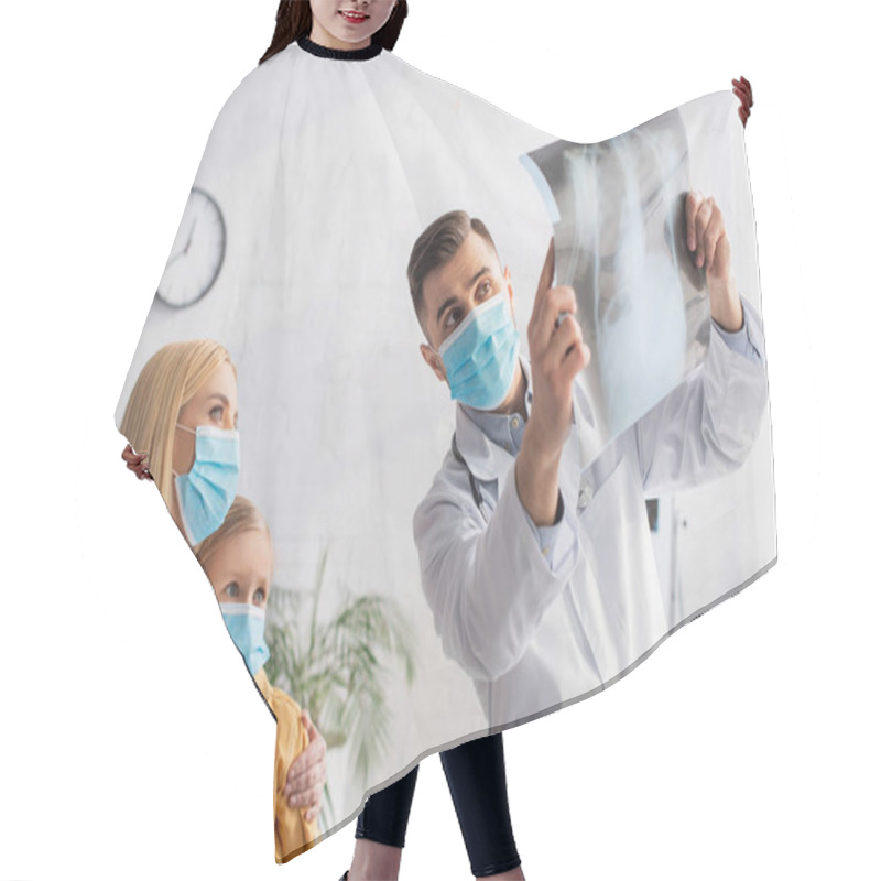 Personality  Woman In Medical Mask Embracing Kid Near Family Doctor With Fluorography Hair Cutting Cape