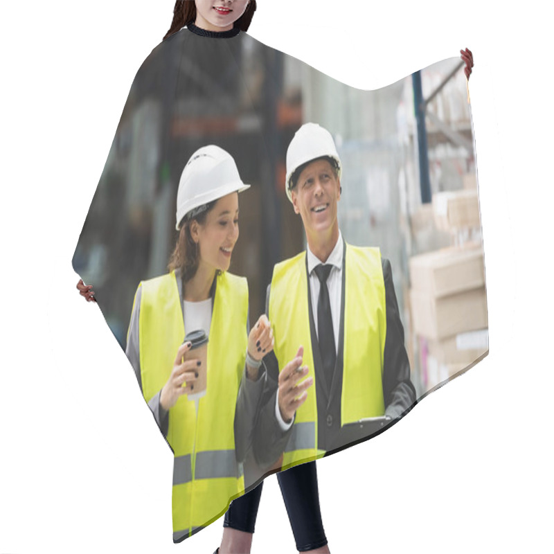 Personality  Logistics Workers With Hard Hats Walking With Coffee Near Inventory While Inspecting Warehouse Hair Cutting Cape