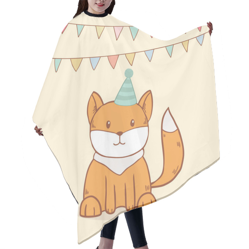 Personality  Cute Birthday Greeting Card With Party Flags And Little Fox Hair Cutting Cape