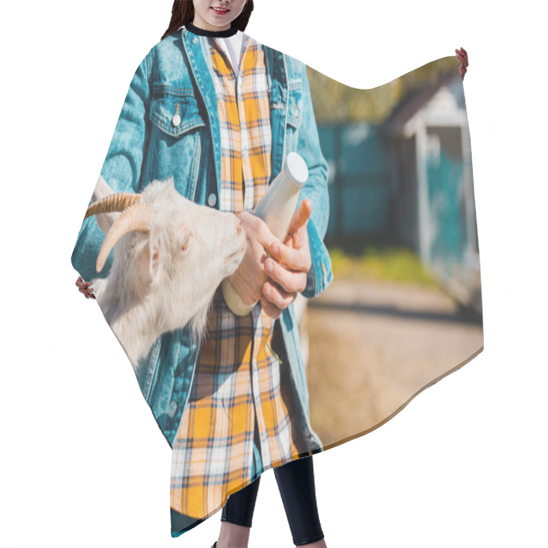 Personality  Cropped Image Of Male Farmer With Bottle Of Milk And Goat Standing Near Wooden Fence At Farm Hair Cutting Cape