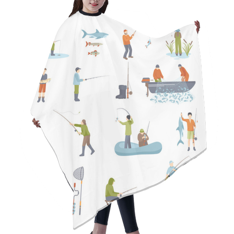 Personality  Fishing People Fish And Tools Icons Set Hair Cutting Cape