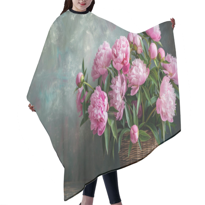 Personality  Bouquet Of Pink Peonies In Wicker Basket  Hair Cutting Cape