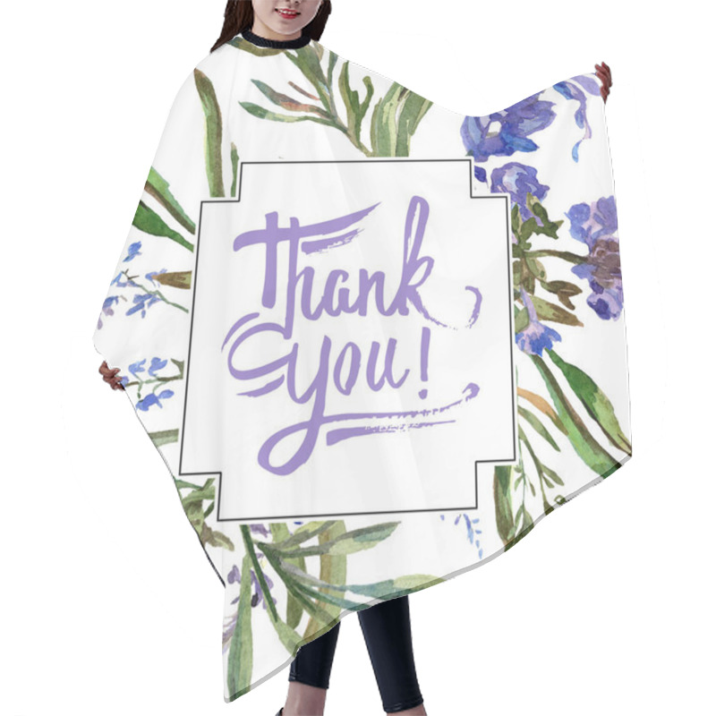 Personality  Purple Lavender Flowers. Thank You Handwriting Monogram Calligraphy. Beautiful Spring Wildflowers. Watercolor Background Illustration. Frame Border Square. Hair Cutting Cape