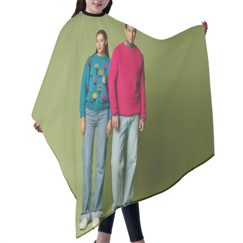 Personality  A Young Man And Woman Stand Side By Side, Showcasing Their Vibrant Fashion And Style. Hair Cutting Cape