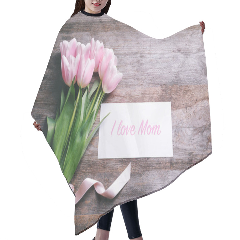 Personality  Composition With Greeting Card And Tulips For Mother's Day On Wooden Background, Top View Hair Cutting Cape