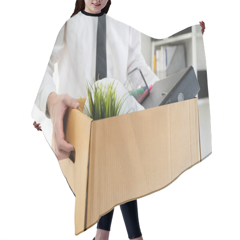 Personality  Lay Off Workers. Banner Size Closes Up Hands Of Usinessman Holding Box Of Stuff To Leave Office After Fired From Work. Hair Cutting Cape