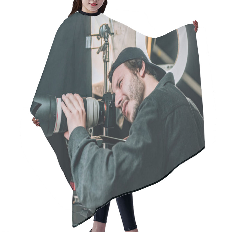 Personality  Side View Of Handsome Cameraman Working In Photo Studio Hair Cutting Cape