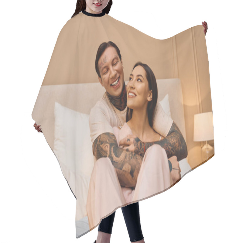 Personality  A Young Couple Enjoys Each Others Company, Radiating Love And Happiness In Their Cozy Room. Hair Cutting Cape