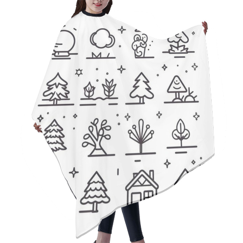 Personality  A Collection Of Hand-drawn, Minimalistic Nature Icons Including Trees, Plants, And A House. Hair Cutting Cape