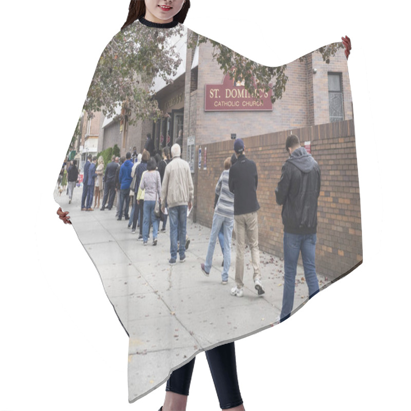 Personality  Brooklyn, NY, USA - October 24, 2020: People Waiting In Line For Early Presidential Voting At St. Dominic's Catholic Church, Brooklyn Amid Coronavirus Pandemic. Hair Cutting Cape