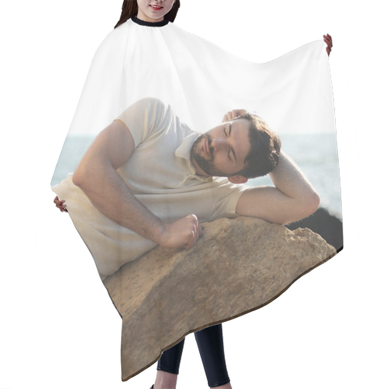 Personality  Young Stylish Resting Man Outdoor Portrait Near The Sea Hair Cutting Cape