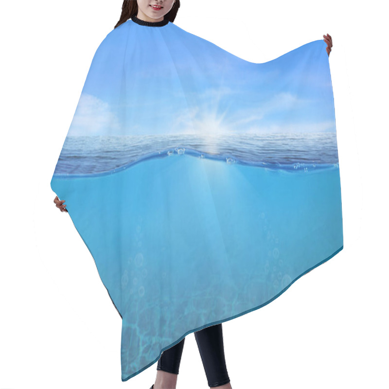 Personality  BLUE UNDER WATER Waves And Bubbles. Beautiful White Clouds On Blue Sky Over Calm Sea With Sunlight Reflection, Tranquil Sea Harmony Of Calm Water Surface. Sunny Sky And Calm Blue Ocean.  Hair Cutting Cape