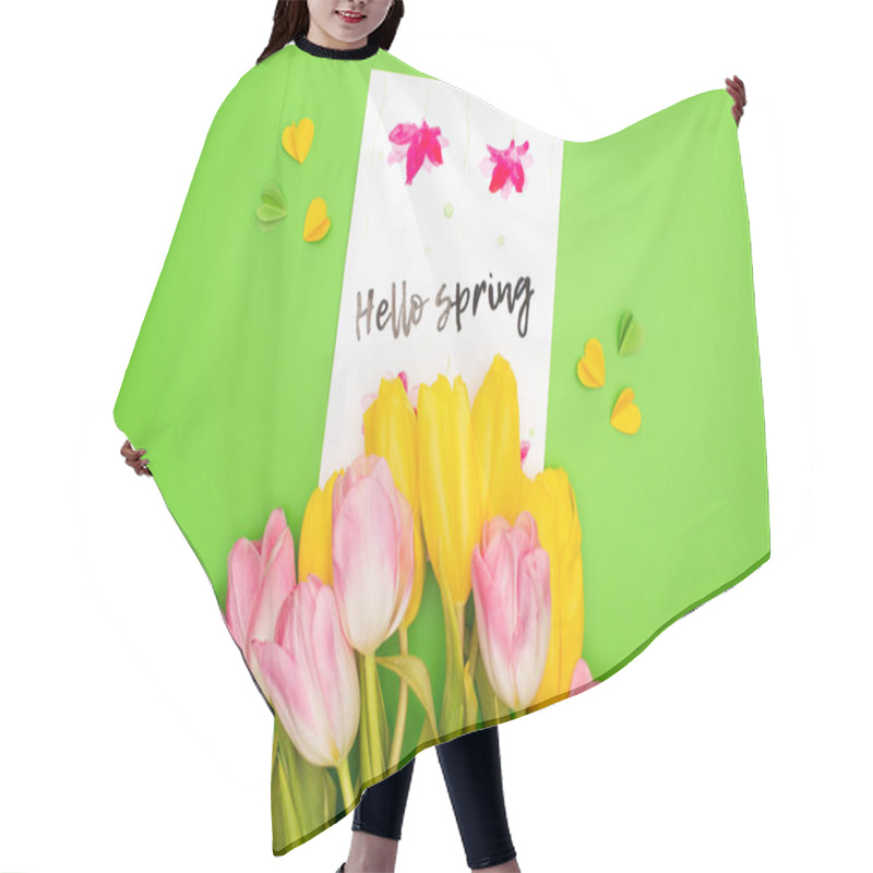 Personality  Top View Of Bouquet, Card With Hello Spring Lettering And Decorative Hearts On Pink Hair Cutting Cape