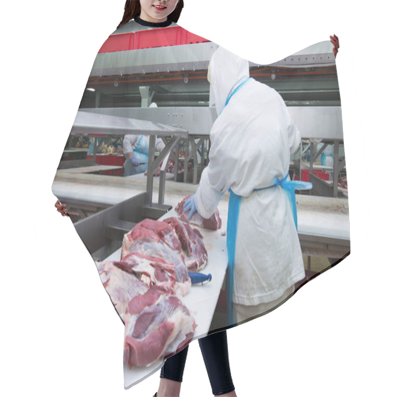 Personality  Cutting Meat Slaughterhouse Workers In A Meat Factory. Hair Cutting Cape