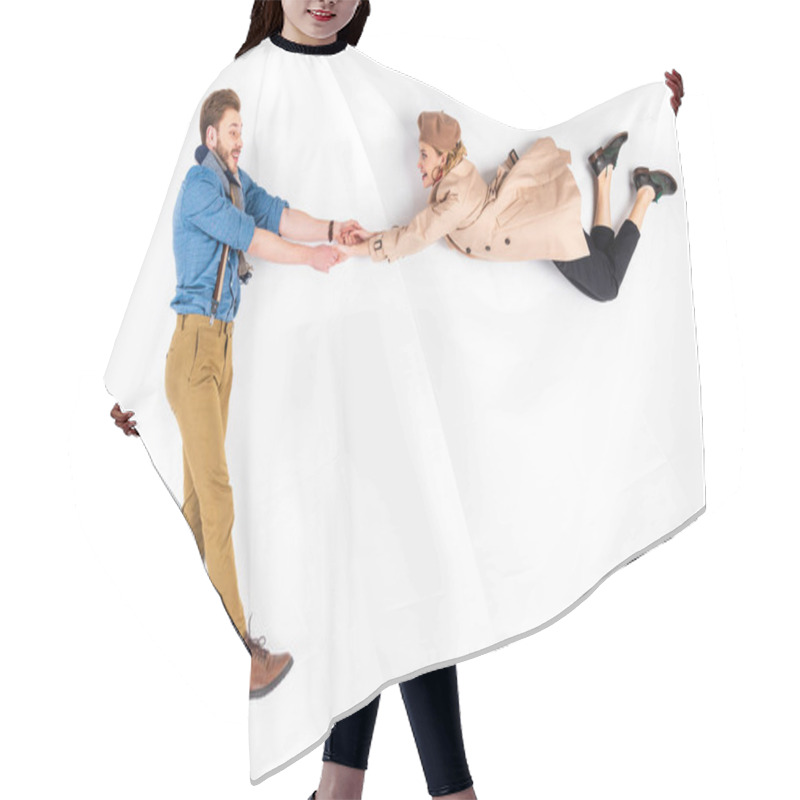 Personality  Happy Couple In Casual Clothes Holding Hands On White Background Hair Cutting Cape