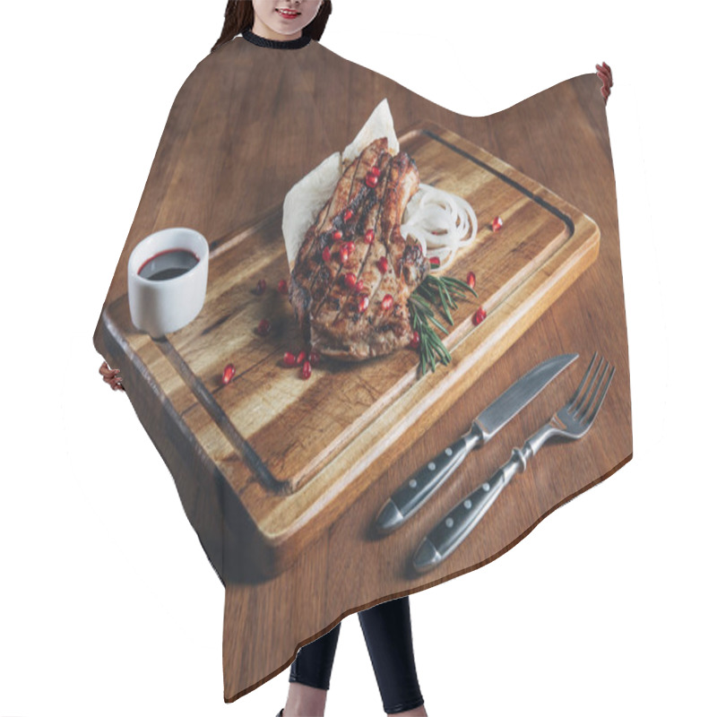 Personality  Delicious Grilled Steak Served With Sauce And Pomegranate Seeds On Wooden Board Hair Cutting Cape